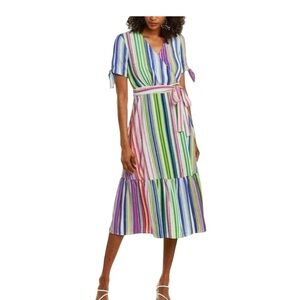 Maggy London Stripe Faux Wrap Waist Tie Midi Dress Size 4 Fit & Flare Multicolor